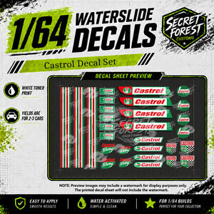 1:64 Scale Castrol Livery Waterslide Decal Set -White Toner Printed Fit Most Car
